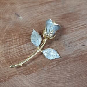 Vintage Two Tone Rose Pin Brooch Gold and Silver Tone